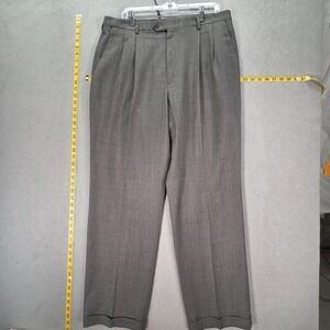 Haggar Black Label Pants Mens 36x32 Gray Plaid Wool Blend Pleated Cuffed Dress